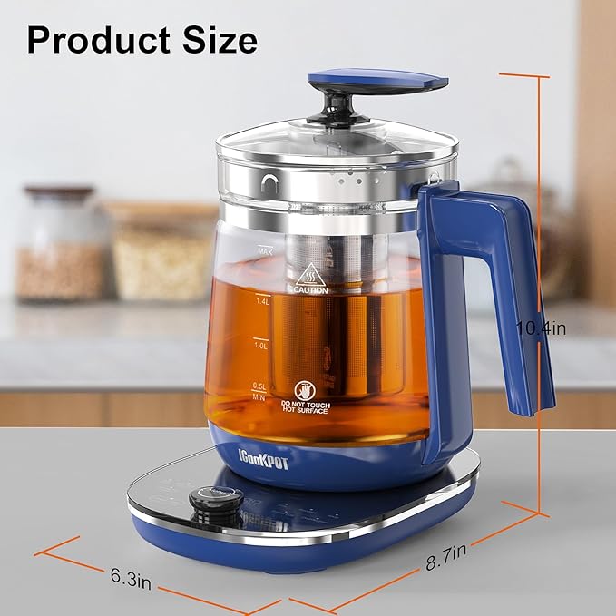 Electric Kettle, 1.5L Borosilicate Glass Hot Water Kettle Electric & Tea Kettle for Coffee or Tea, BPA Free, Auto Shut-Off, Stainless Steel, Blue, 1200w