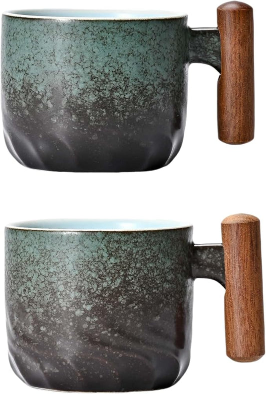 Porcelain Espresso Cups Set of 2, Small Tea Cups, 2 oz Ceramic Espresso Cups with Wooden Handle