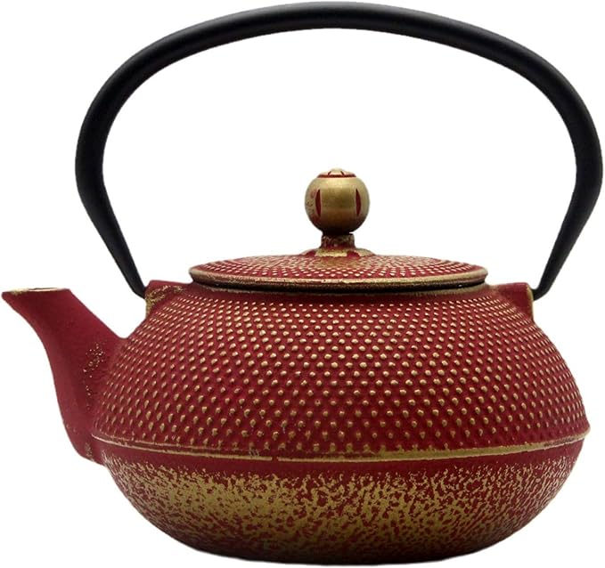 Cast Iron Teapot Tea Kettle with Stainless Steel Infuser for Stovetop Safe Coated with Enameled Interior Japanese Red Tetsubin for Loose Tea(30.4oz/900ml)