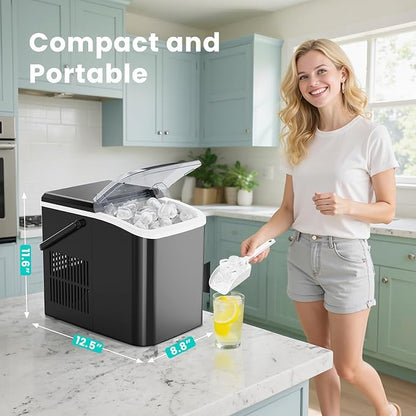 OLIXIS Ice Maker Machine with Handle,26lbs in 24Hrs,9 Ice Cubes in 6 Mins,Auto-Cleaning Portable Ice Maker with Basket and Scoop, Countertop Ice Maker for Home/Kitchen/Camping/RV, Sleek Black