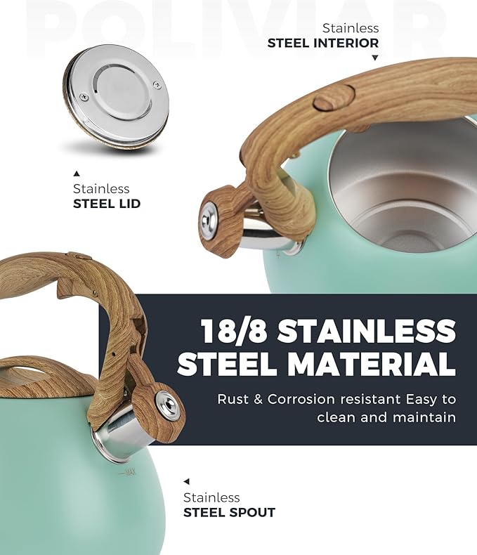 POLIVIAR Tea Kettle, 2.7 Quart Blue Finish with Wood Pattern Handle Loud Whistle Food Grade Stainless Steel Teapot, Anti-Hot Handle and Anti-Rust, Suitable for All Heat Sources JX2025-TB30