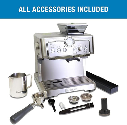 Kenmore Espresso Machine - Automatic Coffee Maker With Manual Tamper, Auto Cleaning, Milk Steamer & Frother, Bean Grinder, Make Professional Barista Style Cappuccino, Café Latte, Stainless Steel