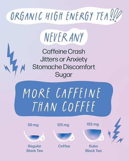 High Caffeine Tea (155 mg) - Kubo Tea: Organic Earl Grey Black Tea Bags for Clean Energy & Focus | Healthy Coffee Substitute | Bergamot Caffeine Blend | 20 Ct | Compostable Packaging