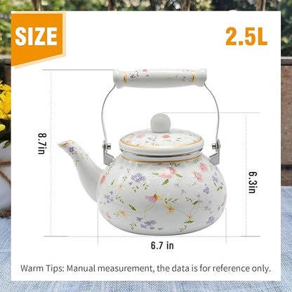 Enamel Teakettle Floral Teapot for Stovetop, 2.5L Large Green Floral Tea Kettle with Ceramic Handel Turkish Style(Green Rose)