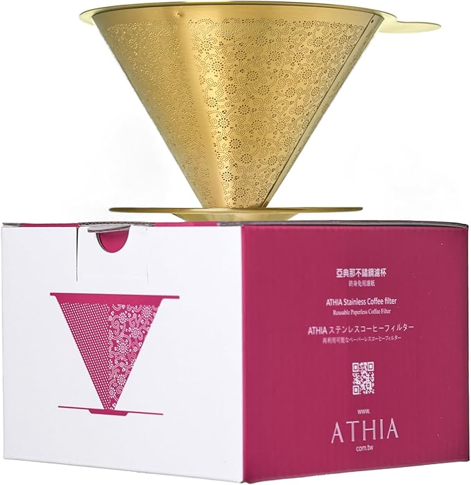 ATHIA Golden Reusable Coffee Filter, Stainless Steel Pour Over Dripper with Laser-etched Mesh Cone, Eco-friendly Paperless Design, Fits Most Mugs, Carafes & Hario Brewers (Golden, Flower Carving)