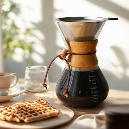Pour Over Coffee Maker 34 OZ, 10 Cup Borosilicate Glass Drip Coffee Maker with Reusable Stainless Steel Filter and Cork Grip for Home Café 1000 ML