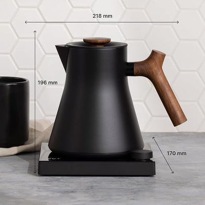 Fellow Corvo EKG Pro Studio Edition Electric Tea Kettle - Quick Heating, Precise Temperature Control, Scheduling, Built-in Brew Timer - Matte Black with Walnut Handle - 0.9 Liter