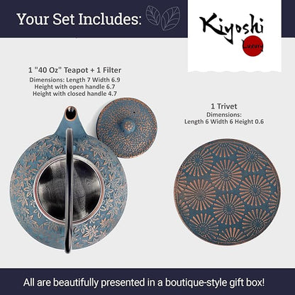 Large Japanese Cast Iron Teapot Capacity 40Oz with Trivet and Loose Leaf Tea Infuser, Cast Iron Tea Kettle Stovetop Safe. Tetsubin Coated with Enamel Interior - Blue Teapot