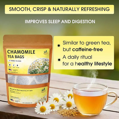 Chamomile Tea Bags - 25 Bags (Premium Natural Pure Leaf Tea - 25 Count) Gluten-Free and Caffeine-Free Herbal tea for Relaxation, Wallness, Immune Support with Smooth Taste