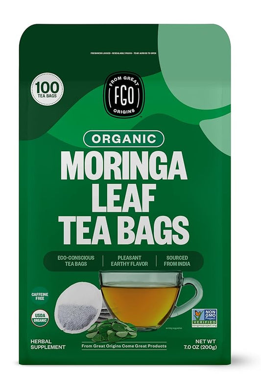 FGO Organic Moringa Tea, 100 Count, Eco-Conscious Tea Bags, Resealable Bag, Caffeine Free, Packaging May Vary (Pack of 1)