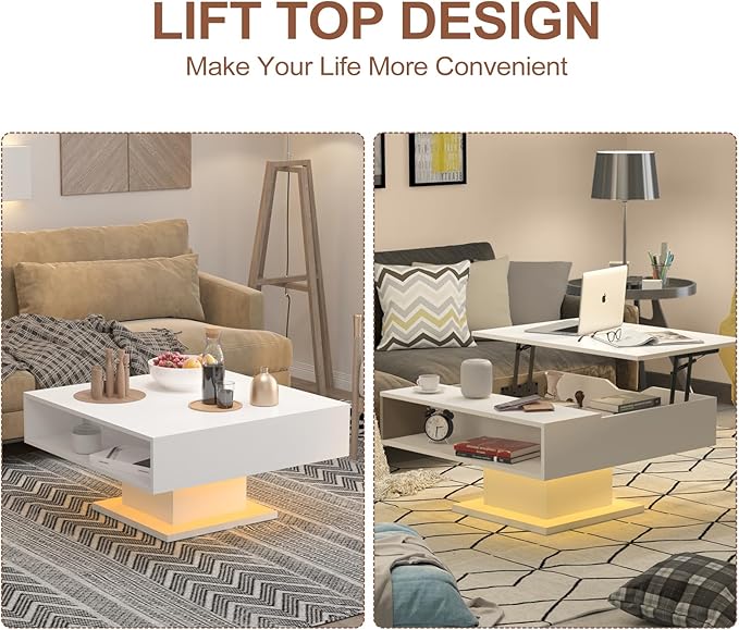 White 30.7" Lift Top Coffee Table with Storage, Square Led Coffee Table with Large Hidden Storage, Wood Living Room Table Led Center Table for Dining Reception Room