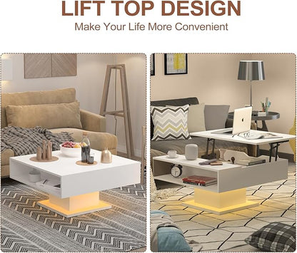 White 30.7" Lift Top Coffee Table with Storage, Square Led Coffee Table with Large Hidden Storage, Wood Living Room Table Led Center Table for Dining Reception Room