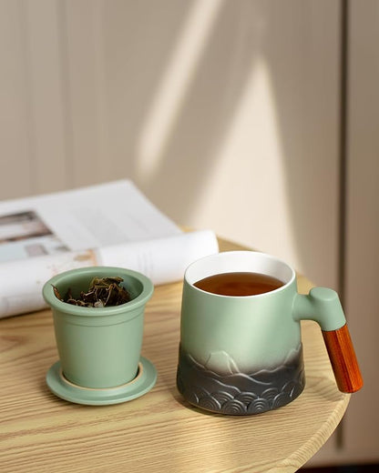 ZENS Tea Mug with Infuser and Lid for Loose Leaf Tea Steeper, 16.9 oz Embossed Ceramic Tea Cup with Fine Strainersand Wood Handle, Diffusers Accessories for Tea Lovers Gifts