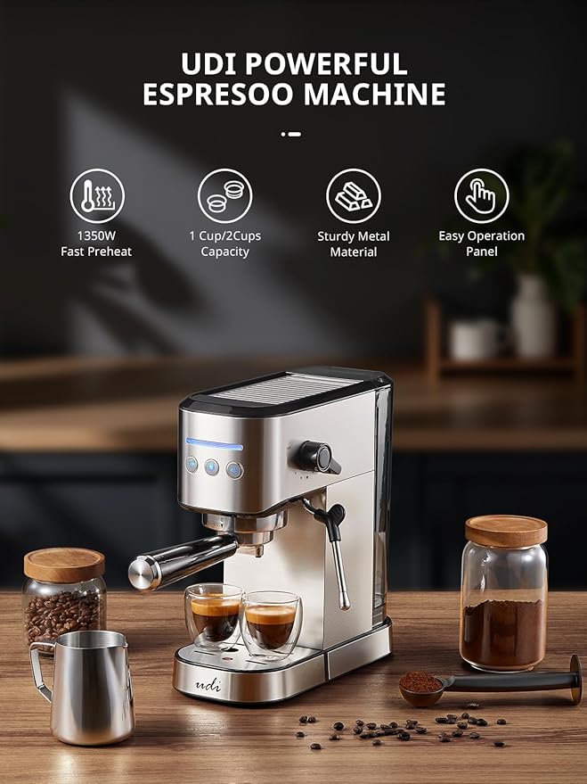 UDI Espresso Machine with Milk Frother, 20 Bar High Pressure Professional Espresso Maker Automatic, Compact Stainless Steel Coffee Machine for Cappuccino, Latte, Silver