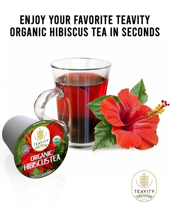 Organic Hibiscus Sabdariffa Tea Organic Naturally Decaf Tea Pods for Keurig by Teavity (24 Tea Pods)