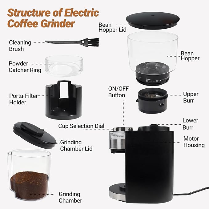 Electric Burr Coffee Grinder with 25 Grind Setting for 2-12 Cup Adjustable Stainless Steel Dosing Bean Mill Home Automatic Conical Freshly Ground Espresso Grinder with Cleaning Brush Black