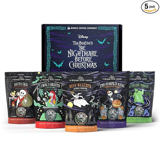 Bones Coffee Company The Nightmare Before Christmas Collector's Box 5 Flavored Coffee Low Acid Medium Roast Arabica Beans Specialty Coffee Gifts For Auto Drip and French Press, 4 oz Pack of 5 Whole