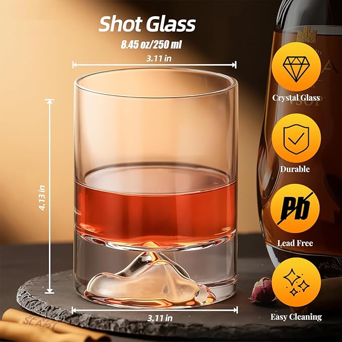 KAMMAK Iceberg Whiskey Glass, 8.45 oz (250 ml) Old Fashioned Tumbler with Unique Iceberg Base, Thick Glass & Delicate Rim for Scotch, Bourbon, Cocktails - Artistic Barware Decor