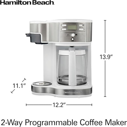 Hamilton Beach 49933 2-Way 12 Cup Programmable Drip Coffee Maker & Single Serve Machine, Glass Carafe, Auto Pause and Pour, White