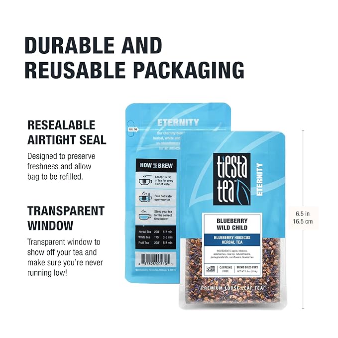 Tiesta Tea Blueberry Wild Child, Loose Leaf, Blueberry Hibiscus Herbal Tea, Premium Non-Caffeinated Fruit Blend, Make Hot or Iced & Brews Up to 25 Cups, 1.8 Ounce Resealable Pouch