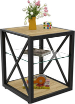 Load image into Gallery viewer, Rustic End Table for Living Room 17.7" Bedroom Nightstand, Modern Tempered Glass Shelf &amp; Wood MDF Top Square Side Table 1 Piece, Industrial Style Natural
