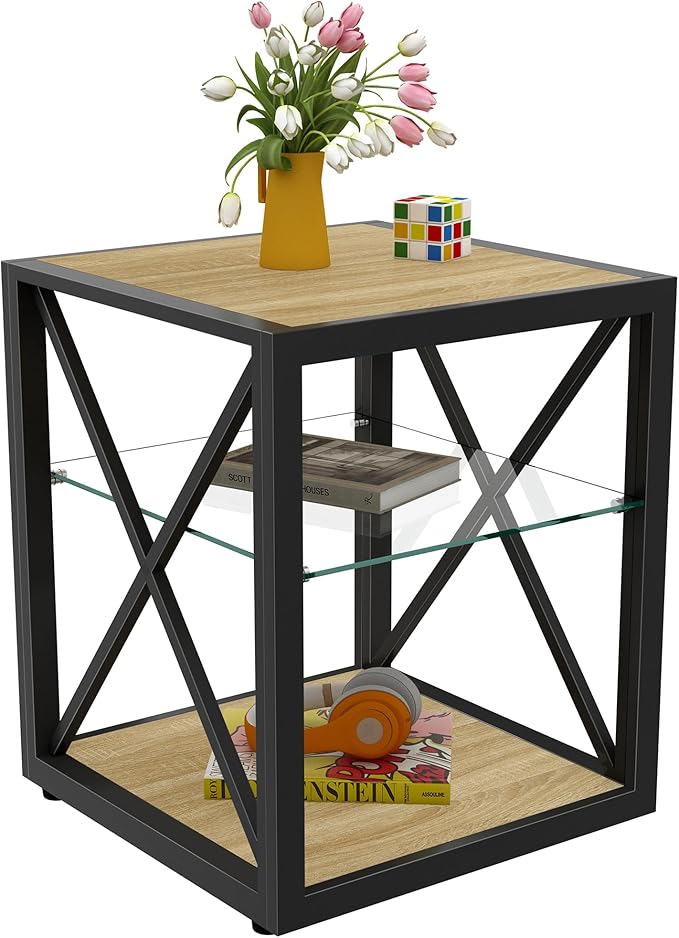 Rustic End Table for Living Room 17.7" Bedroom Nightstand, Modern Tempered Glass Shelf & Wood MDF Top Square Side Table 1 Piece, Industrial Style Natural