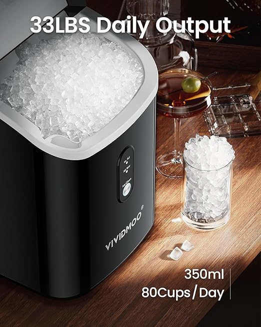 Nugget Ice Maker Countertop, 34lbs/Day, Portable Sonic Pebble Ice Maker with Self-Cleaning, Fast Ice in 6 Mins, Compact Crushed Pellet Ice Machine for Home/Office/Kitchen/RV/Camping, Black