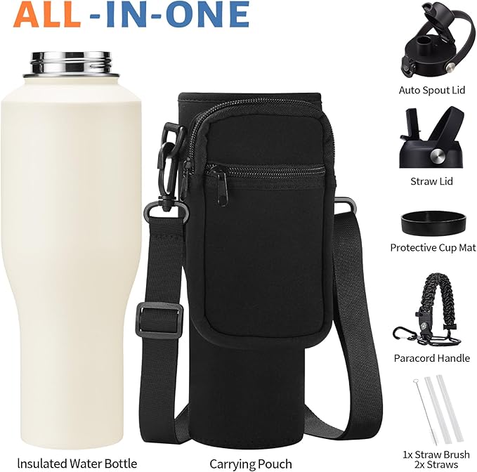 40 oz Insulated Water Bottle with Straw - Metal Water Bottle with Straw & Pop-up Chug Lid, Carrying Case, Skinny Leak-proof Stainless Steel Tumbler Coffee Cup Fits in Car Cup Holder