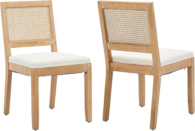 Vintage French Country Dining Chairs Set of 2, Rattan Dining Chairs with a Low Square Back, Beige Upholstered Dining Chair, Sillas para Comedor, Kitchen & Dining Room Chair (Beige, Rattan, 2Pcs)