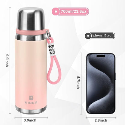Stainless Steel thermo Bottles with cup 700ml/23.7oz Vacuum Insulated Bottle for hot and cold coffee drink water thermo flask with cup.(Gradient Pink,700ml)