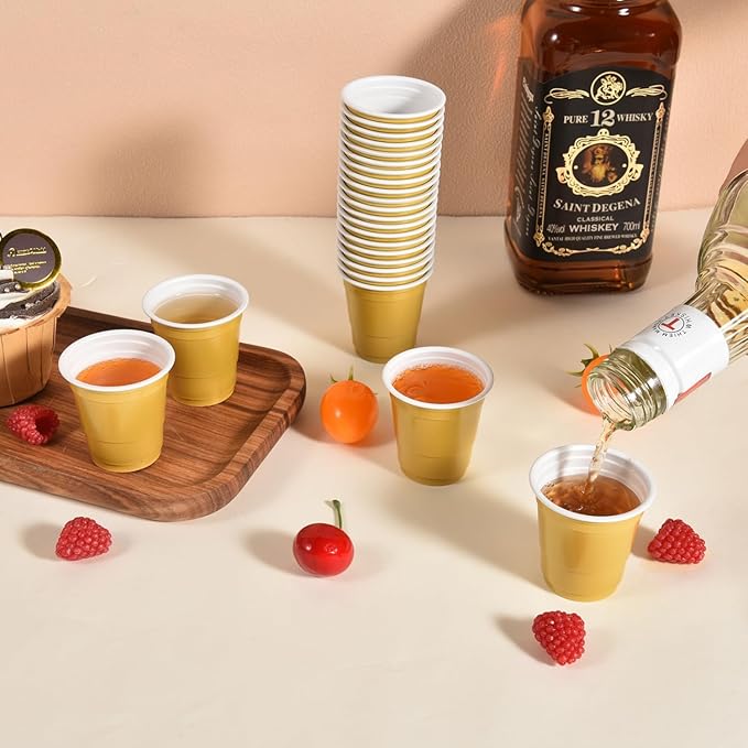 100 Pack 2 oz Plastic Shot Glasses Disposable Shot Cups, Mini 2oz Party Cups for Graduation, Christmas, Birthday, Wedding, Bachelorette Party (Gold)