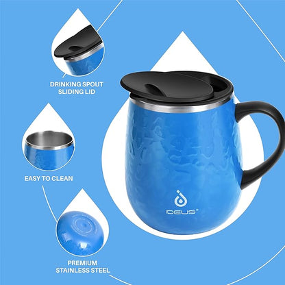 Ideus 16 oz (470 ml) Insulated Coffee Mug with Handle and Lid, Double Wall Stainless Steel Vacuum Thermal Coffee Mug, Travel Coffee Cup Thermal Cup for Home and Office (Leopard Blue)
