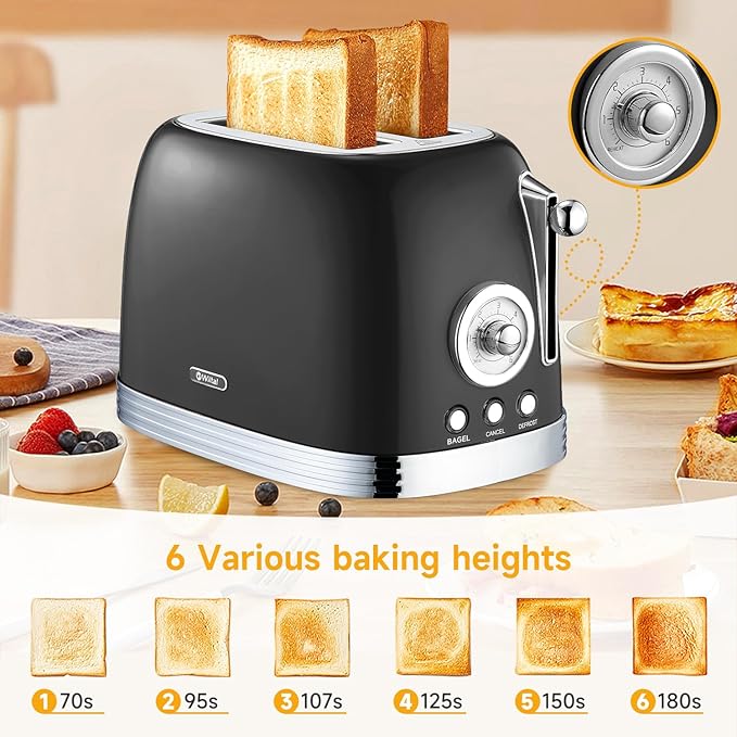 Glossy Black Cute Retro Toaster 2 Slice with 1.58" Wide Slots, Bread toaster with Cover and Warm Rack, Stainless Steel Toaster with Removable Crumb Tray, Preheat, Defrost, Cancel Function