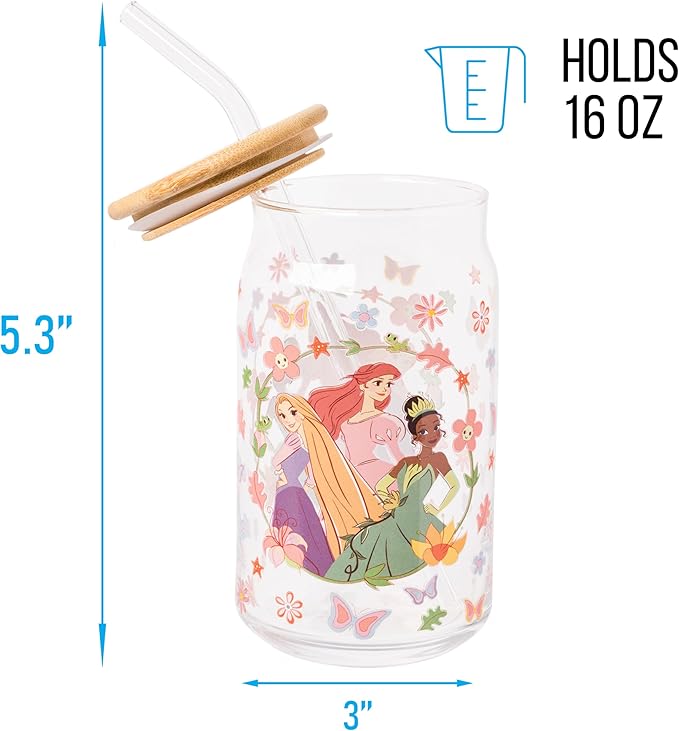 Silver Buffalo Disney Princesses Featuring Rapunzel Tangled, Ariel Little Mermaid, Tiana Princess and the Frog Spring Floral Glass Jar Tumbler with Bamboo Lid and Glass Straw, 16 Ounces
