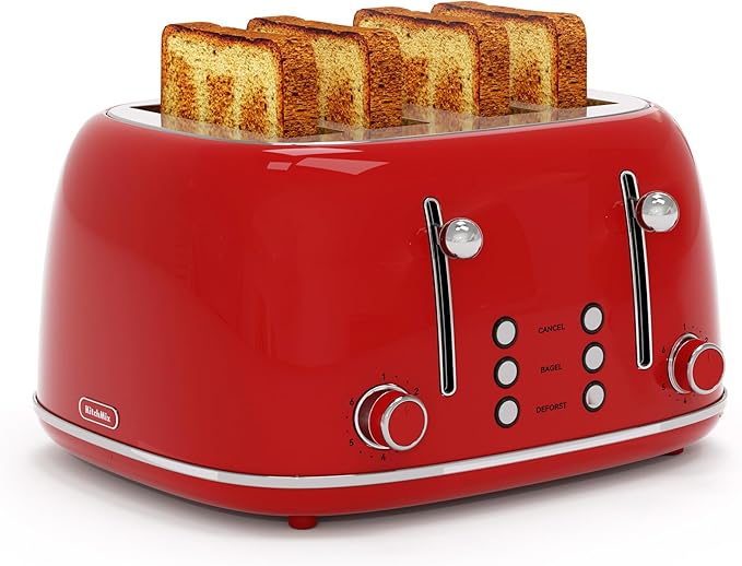 Toaster 4 Slice, Retro Stainless with 6 Bread Shade Settings,1.5''Wide Slots Toaster with Cancel/Defrost/Reheat,Dual Independent Control Panel(Red)