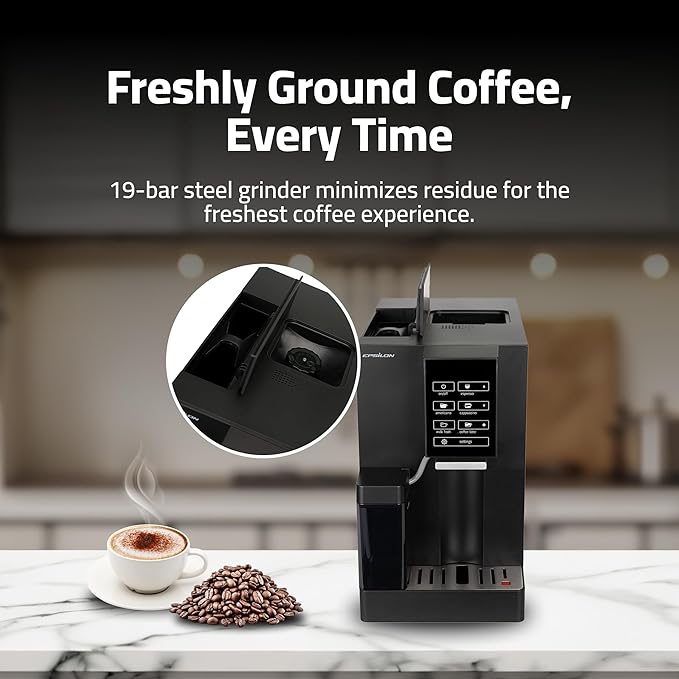 Epsilon Fully Automatic Coffee Machine with Grinder, Coffee & Espresso Maker Combo, Built-In Milk Frother, One Touch Self Cleaning, Super Automatic Custom Brewing Coffee Machine