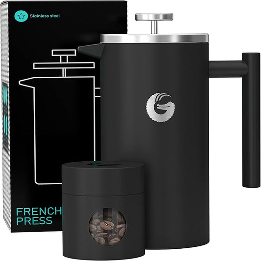 Coffee Gator French Press Coffee Maker 34oz, Double Insulated Stainless Steel Brewer plus Travel Jar Canister, Portable Hot Cold Brew Tea Cafetera for Coffee Bar Accessories Kitchen Camping, Black