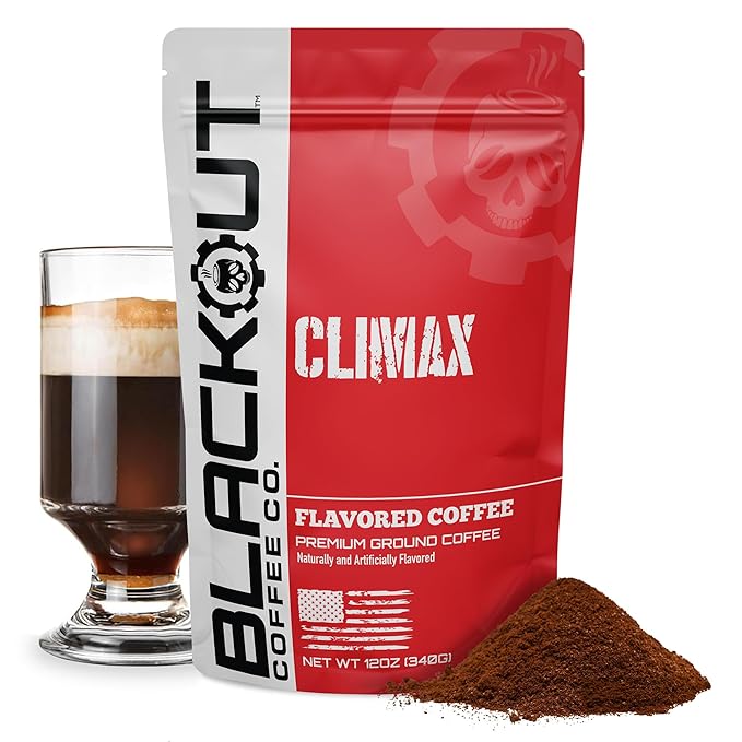 Blackout Coffee Climax Amaretto, Irish Cream & Kahlua Flavored Ground Coffee – Medium Roast, Smooth Taste, Guilt-Free Indulgence – Freshly Roasted 12oz Bag.