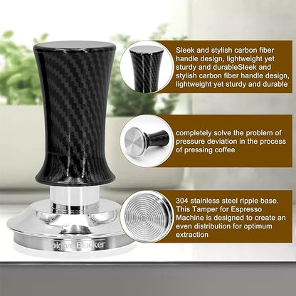 58mm Espresso Coffee Tamper for Espresso Machine: Calibrated Spring Loaded & Stainless Steel Ripple Base - Carbon Fiber Handle with Constant 30lb Fits All 58mm Portafilters | Bundle Including WDT Tool