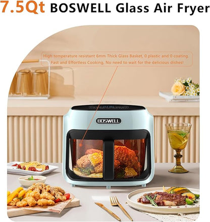 BOSWELL Glass Air Fryer, 7.5 QT with Transparent Fry Bowl, Circulating Heating, Temperature Control, Stainless Steel Air Fryer Roast, Dishwasher Safe (Green)