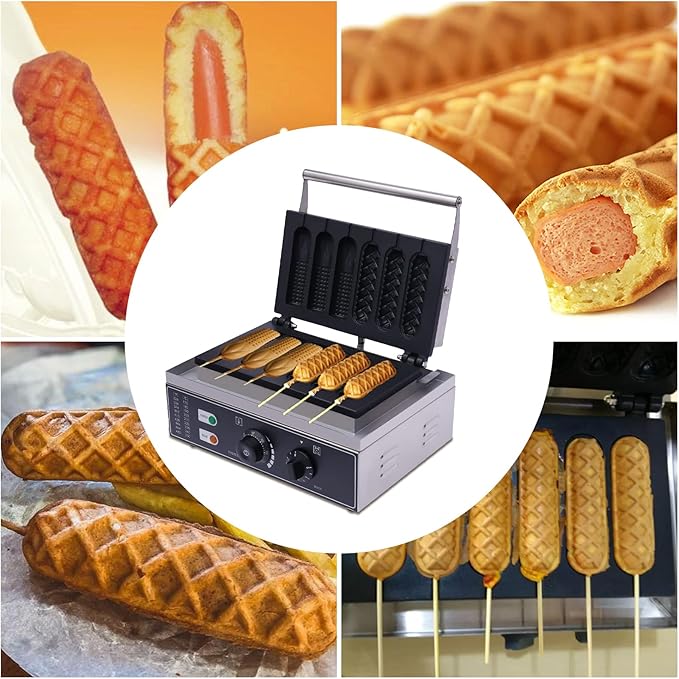 Hotdog Waffle Maker Machine Electric Corn Dog Maker 6 Slice 2 Patterns Non-Stick Stainless Steel Waffle Baker Machine