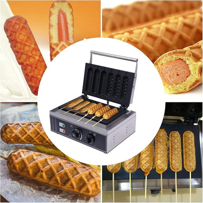 Hotdog Waffle Maker Machine Electric Corn Dog Maker 6 Slice 2 Patterns Non-Stick Stainless Steel Waffle Baker Machine