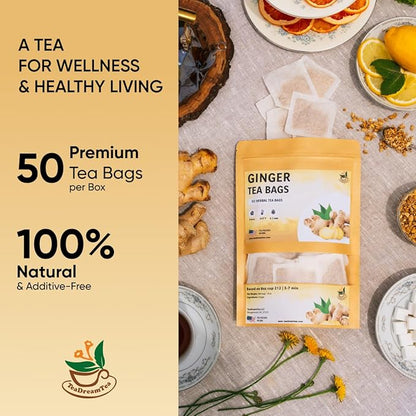 Ginger Tea Bags - 50 Bags - Premium & Spicy Ginger Herbal Tea - Pure Natural Extract Caffeine-Free and Gluten-Free Herbal Tea from Real Flowers for Relaxation with Smooth Taste (50 count)