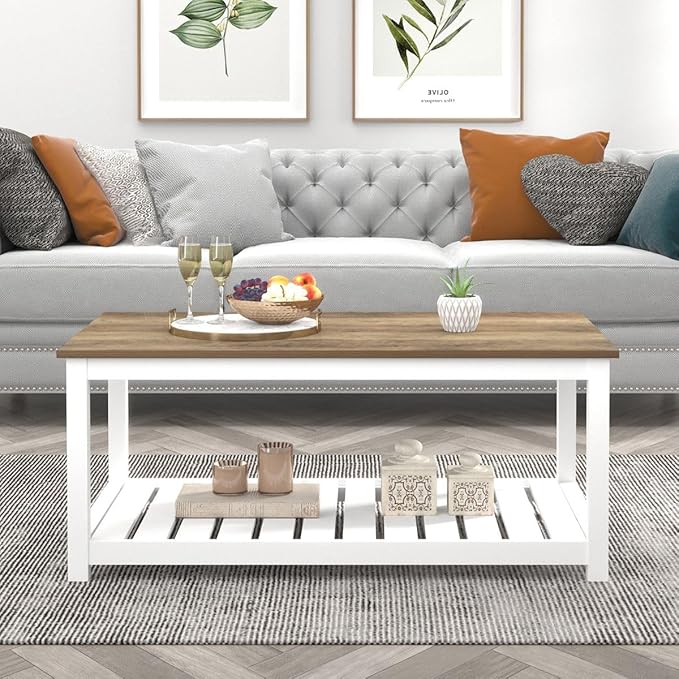 FOLUBAN Farmhouse Coffee Table with Storage Shelf, Rustic Vintage Wood Cocktail Table for Living Room, White