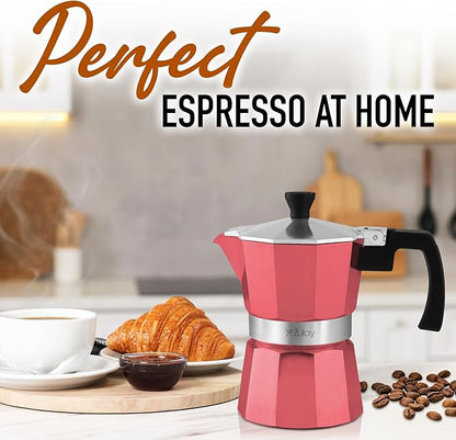 Zulay Moka Pot Espresso Stovetop Coffee Maker - Leak-Proof, Stainless Steel, Easy to Clean, Heat Resistant Handle & Knob - for Authentic Cuban & Italian Style Espresso - Makes 3 Espresso Cups - Red
