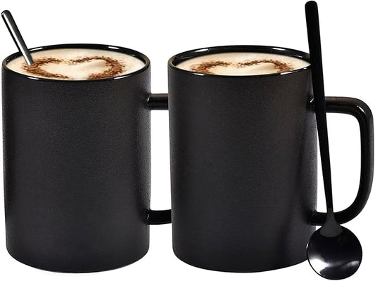 Coffee Mugs, Matte Black Ceramic Mug Set of 2, 13.5 OZ Large Coffee Set with Black Coffee Spoons, Big Cups for Cappuccino Latte or Tea for Home Office Restaurant or Bar, for Men and Women Couple Gift