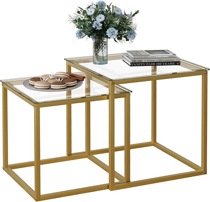 VILAWLENCE Coffee Table Set of 2, Modern Gold Glass Side Table, Metal Frame Square End Table, Center Tables Nesting Coffee Table for Living Room,Bedroom and Small Spaces