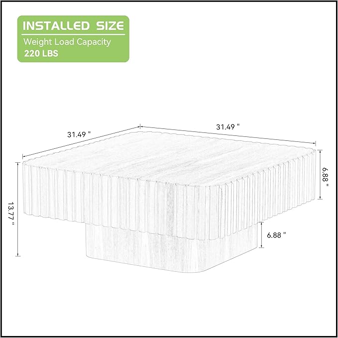 Square Wood Coffee Table for Living Room Modern Drum Wooden Fluted Handcraft Center Tea Cocktail Small Space, Easy Assembly 31.5" W x13.77 H Oka