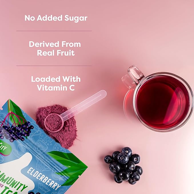 FlavCity Elderberry Immunity Tea Powder – Antioxidant-Rich Herbal Tea with Zinc & Acerola for Daily Immune Support – Sugar-Free, Shelf-Stable, Hot & Cold Brew, 30 Servings