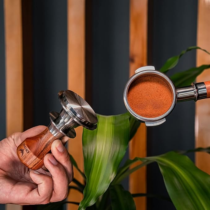 54mm Espresso Tamper for Breville Machines Rosewood KNODOS Auto Leveling, Double Spring Loaded Wooden 30lb Calibrated Coffee Tamper